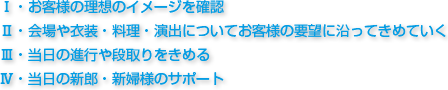 Ⅰ・お客様の理想のイメージを確認Ⅱ・会場や衣装・料理・演出についてお客様の要望に沿ってきめていくⅢ・当日の進行や段取りをきめるⅣ・当日の新郎・新婦様のサポート
